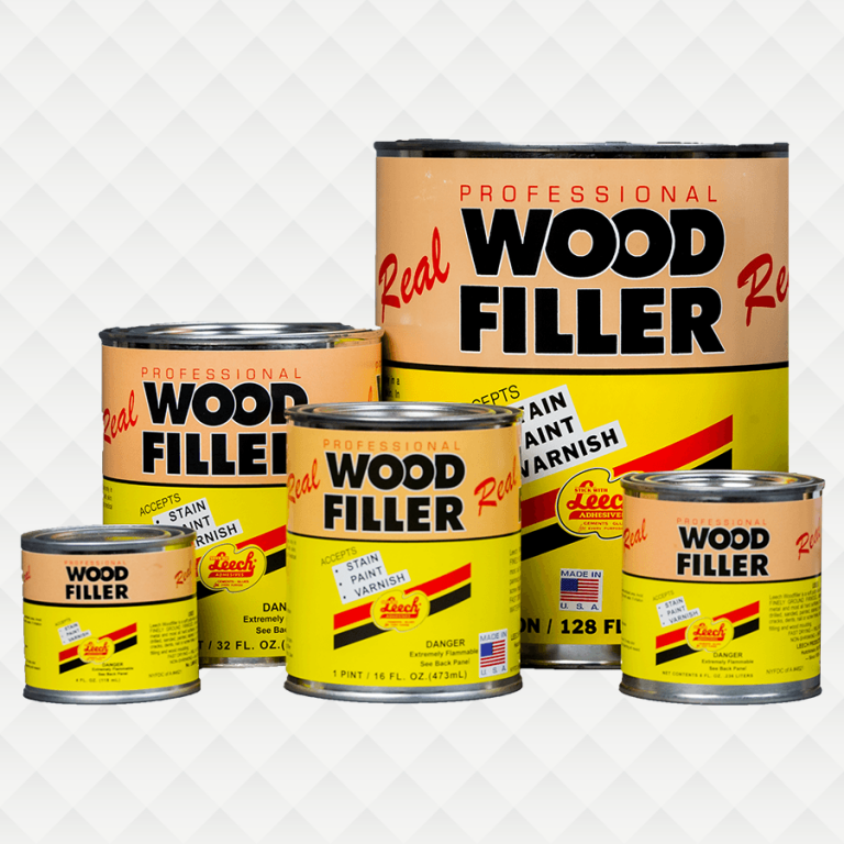 Leech Adhesives wood filler products displayed in various sizes and packaging.