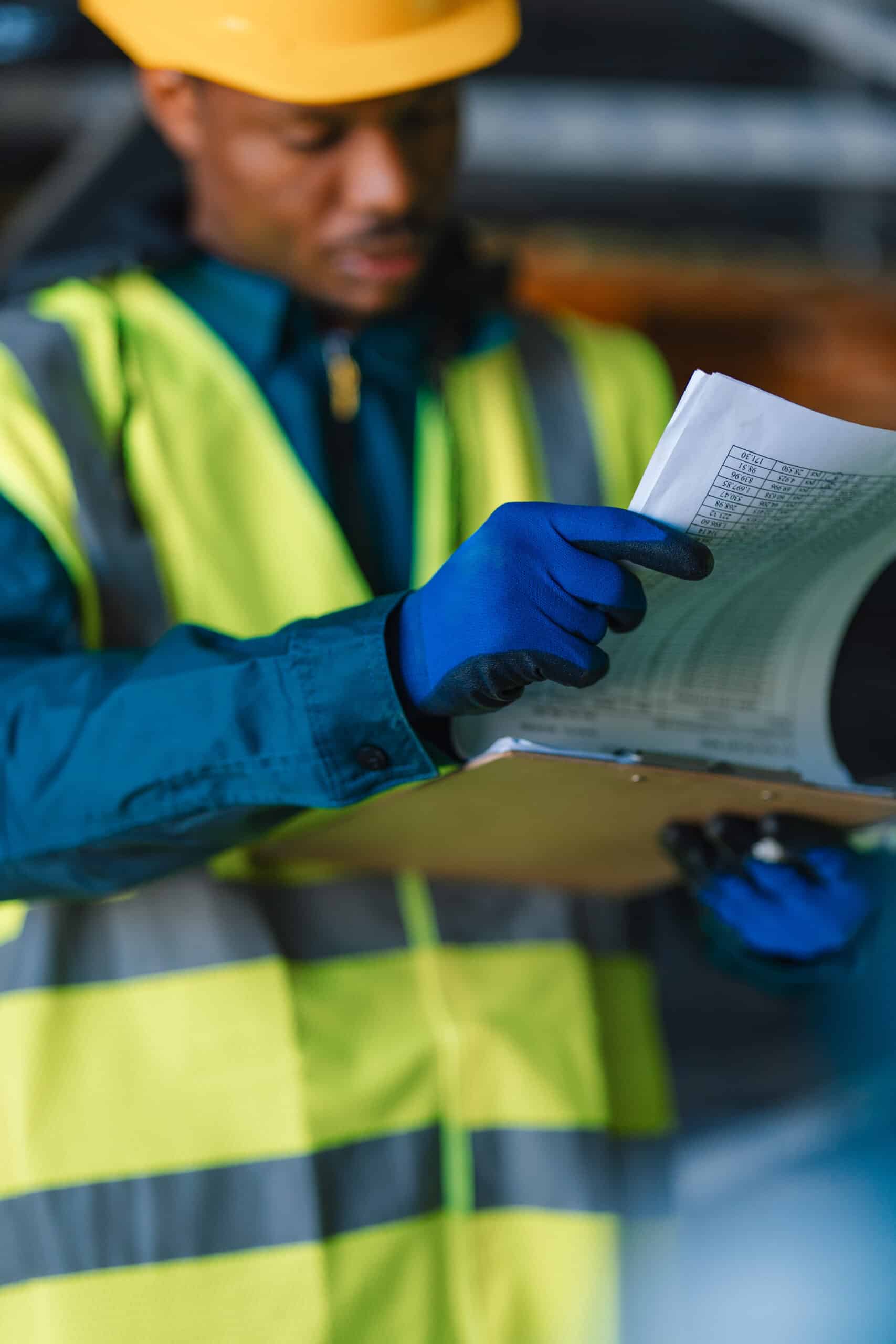 Contractor reviewing adhesive safety data sheet.
